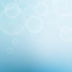Water and air bubbles on blue background. De-focused circles bokeh lights or particles. Blue background template for design. Vector illustration