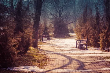 Foto op Plexiglas Early spring in the park. The March sun is shining, the remains of snow lie on the paths. Two metal benches in park are empty on this warm spring day. Toned image © ovbelov1972