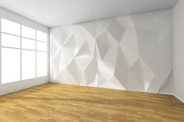 White empty room with rumpled wall and parquet floor
