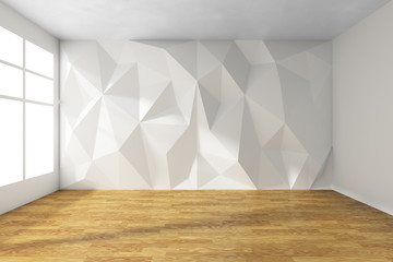 White room with rumpled wall and wooden parquet floor