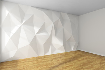 White room corner with rumpled wall and parquet floor