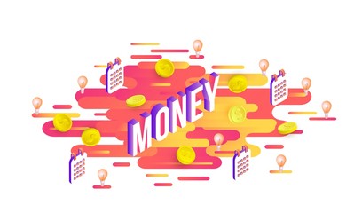 Trendy money poster, banner background template with golden coins, calendar planners and light bulbs on vibrant gradient red yellow color abstract geometric shapes. Vector modern advertising layout