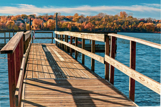 Scenic view from fishing dock on Staring Lake in the  Fall