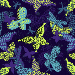 Abstract seamless vector pattern for girls, boys, clothes. Creative background with butterfly, geometric figures Funny wallpaper for textile and fabric. Fashion style. Colorful bright