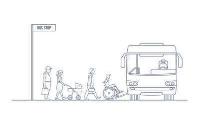 Passengers entering the bus at the bus stop. Road trip and people concept . Vector illustration in line art style