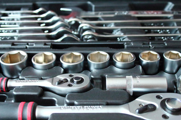Universal tool set for car repair. Background. Close-up.