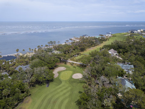 Aerial view of golf course and resort community on Fripp Island, South Carolina.