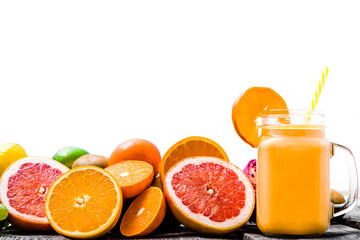 Fruit smoothie with tropical fruits, juice or refreshing drink for breakfast, healthy lifestyle concept