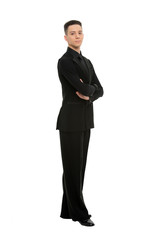Obraz na płótnie Canvas Posture and confidence concept. Guy on confident face dressed in formal luxury suit posing with posture. Man dancer of ballroom dance looks elegant. Dancer of ballroom dance stands with folded arms