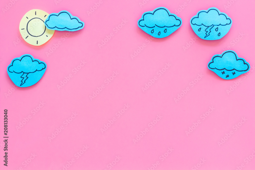 Wall mural weather forecast concept. modern weather icons set on pink background top view copy space