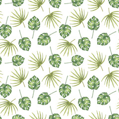 Seamless pattern of hand-drawn tropic palm leaves