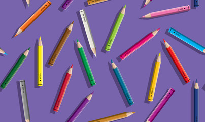 Set of colored pencil collection scattered arranged - seamless vector illustration craynos on violet background.