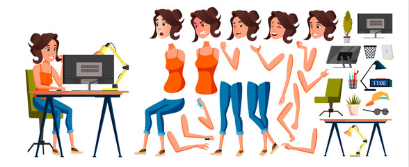 Office Worker Vector. Woman. Smiling Servant, Officer. Business Human. Lady Face Emotions, Various Gestures. Animation Creation Set. Isolated Flat Cartoon Character Illustration