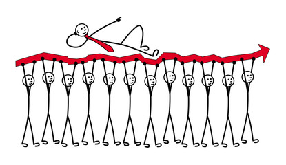 12 people carry a red arrow. Growth chart. One lies on top and shows direction. Humor vector graphics.