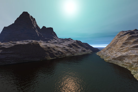 Dark waters, a rocky landscape, beautiful mountains and a wonderful sun in the sky.