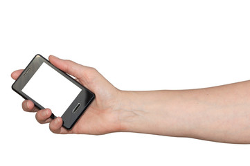 Caucasian woman's hand holding an old smartphone mobile device with blank white screen. Isolated on white.