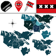 Naklejka premium Mapa Amsterdamu, Holandia z nazwanymi gminami