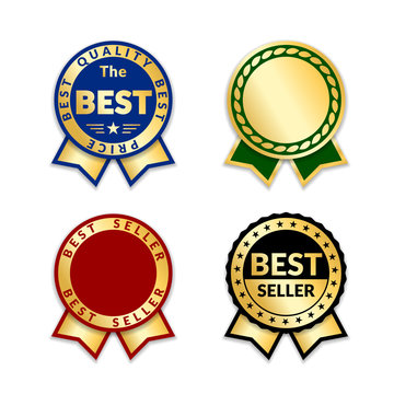 Ribbons award best seller set. Gold ribbon award icon isolated white background. Bestseller golden tag sale label, badge, medal, guarantee quality product, business certificate. Vector illustration