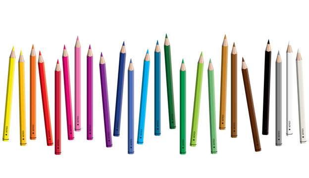 Set of colored pencil collection scattered - seamless in both directions - isolated vector illustration craynos on white background.