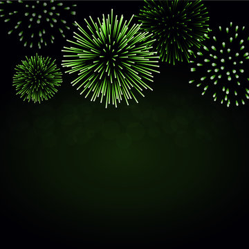 Firework sparkle background card. Beautiful bright fireworks isolated on black background. Light green decoration fireworks for Christmas card, New Year celebration. Vector illustration