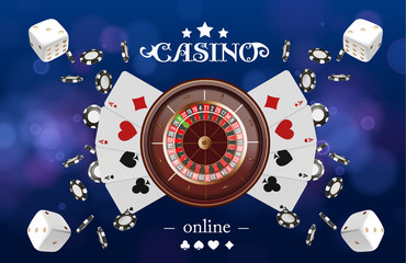 Casino background roulette wheel with playing cards, dice and chips. Online casino poker table concept design. Top view of white dice and chips on blue background. Casino sign. 3d vector illustration