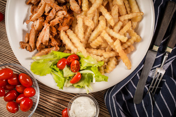 Greek gyros dis with fries and salad