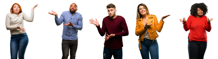 Group of cool people, woman and man doubt expression, confuse and wonder concept, uncertain future