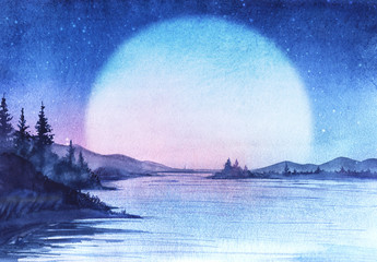 Evening landscape with forest lake, firs, mountains. Gradient sky from bright blue to pink. On the horizon sunset. Bright stars and moon. Hand-drawn watercolor illustration with post digital painting.