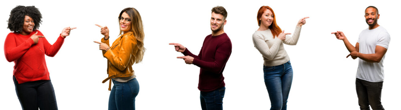 Group of cool people, woman and man pointing away side with finger