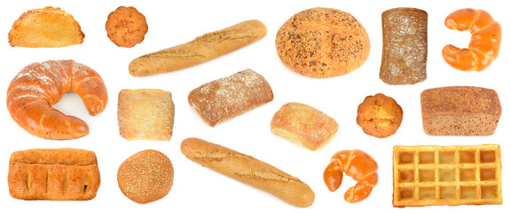 Assortment bread products from wheat and rye isolated on white