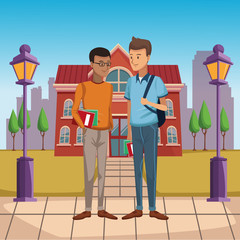 Young students outside of high school vector illustration graphic design