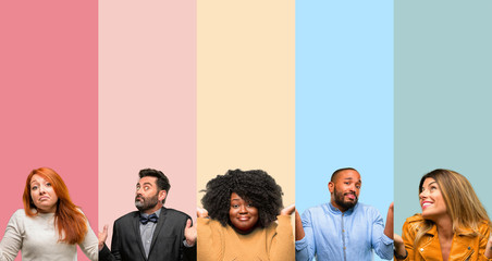 Cool group of people, woman and man doubt expression, confuse and wonder concept, uncertain future