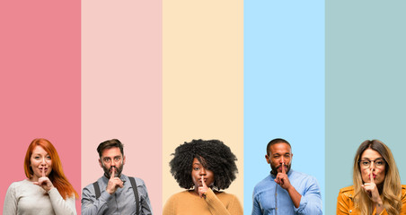 Cool group of people, woman and man with index finger on lips, ask to be quiet. Silence and secret concept - obrazy, fototapety, plakaty