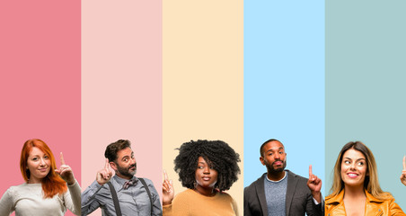 Cool group of people, woman and man raising finger, the number one