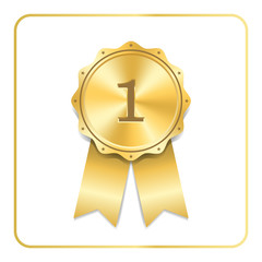 Award ribbon gold icon. Blank medal isolated on white background. Stamp rosette design trophy. Golden emblem. Symbol of winner, celebration, sport achievement, champion. Vector illustration