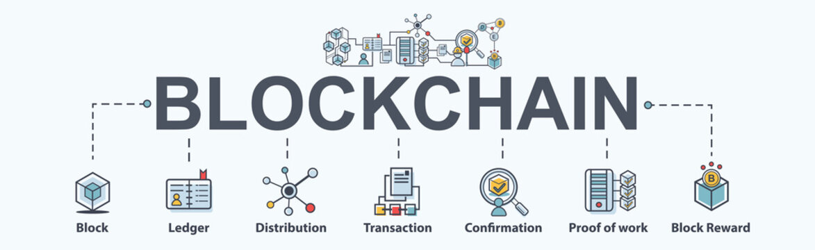 Blockchain banner web icon set. infographic icon, cryptocurrency, diagram, distribution, block, miner, Distribution, Ledger and Transaction. Modern flat vector.