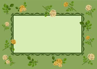 Greeting card with yellow roses on green background, decorated with pattern.