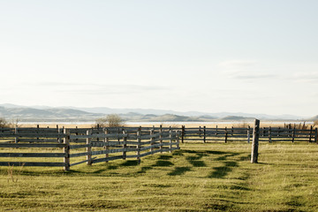 Obraz premium Rural landscape: green meadow and old wooden fence