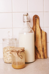 real comfort wooden kitchen with breakfast ingredients close up 