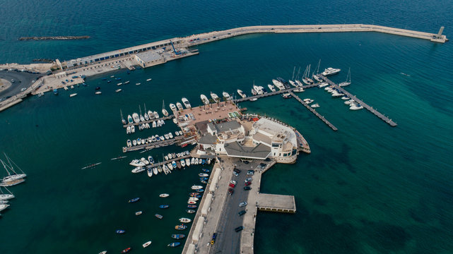 Bari Apulia City port boats and yachts Sea Coastline in Italy Drone picture