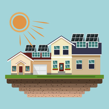 Houses with solar panels at roofs vector illustration graphic design