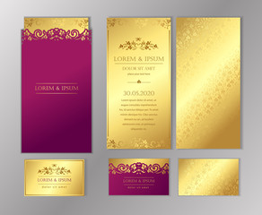 Luxury wedding invitation cards with gold texture. Set of vector design templates.