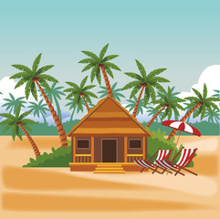 Wooden house at beach cartoon vector illustration graphic design