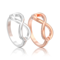 3D illustration isolated two silver and rose gold simple infinity ring with reflection