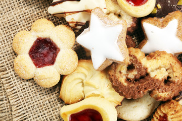 Mixed Christmas cookies. Colorful mix of Christmas-themed decorated cookies