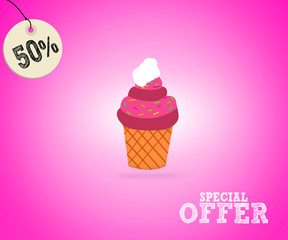 illustration of tasty sweet cupcake, pink background