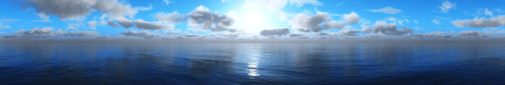 panorama of the sea landscape, sunset over the water, clouds in the sky above the ocean,
3D rendering
