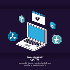 Cryptocurrency system and market place banner information blue and white design vector illustration