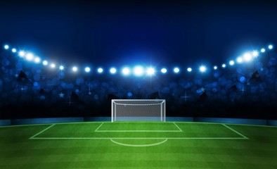 Fototapeta premium Football arena field with bright stadium lights design. Vector illumination