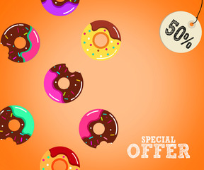 Summer sale offer banner with donuts with a mouth bite on illustration